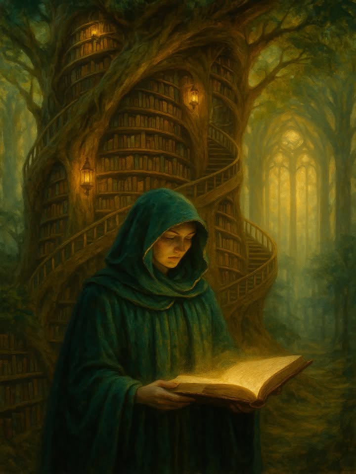 Move your phone slowly to peek into this ancient library hidden in a tree's heart. Notice the lantern flick…