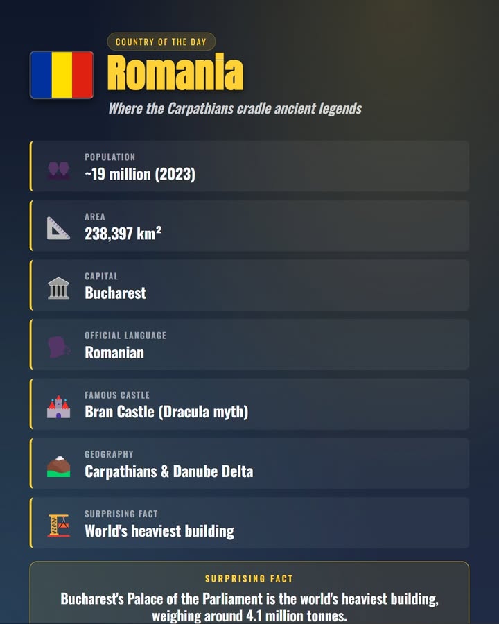 Meet Romania 🇷🇴 — a land of misty Carpathian peaks, painted monasteries, and the wild Danube Delta. Here'…